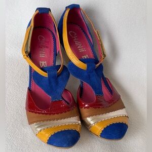 CHANII B Women's Multicolor Leather & Suede Wood Heeled Shoes Size 38EU/7-7.5US
